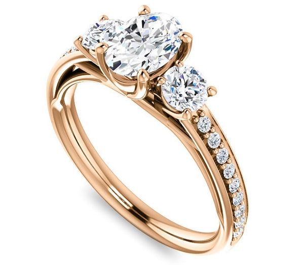 0.90ct (7.0x5.0mm) Oval  14K Rose Gold Three Stone Trellis Engagement Ring with Side Accents