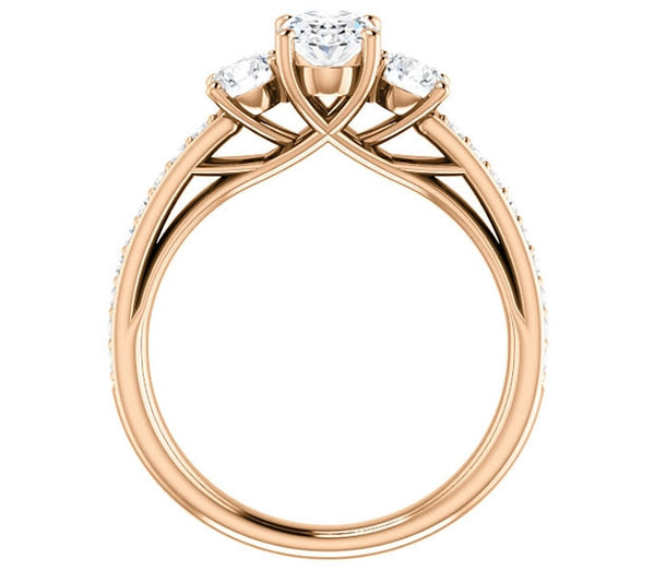 0.90ct (7.0x5.0mm) Oval  14K Rose Gold Three Stone Trellis Engagement Ring with Side Accents