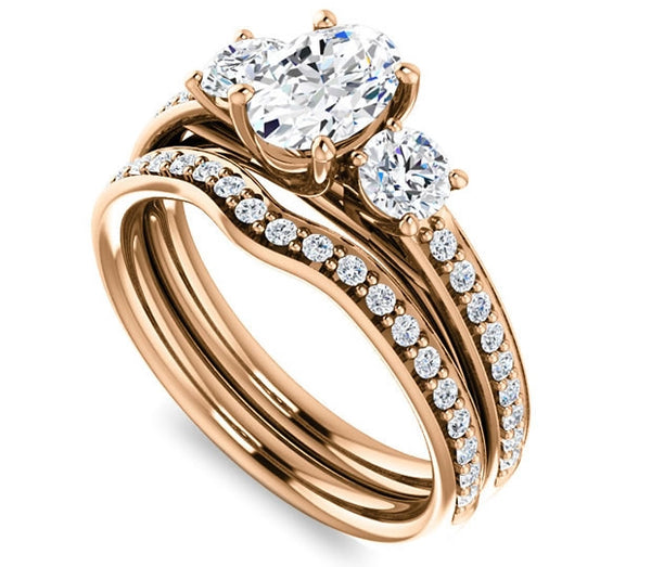 0.90ct (7.0x5.0mm) Oval  14K Rose Gold Three Stone Trellis Engagement Ring with Side Accents