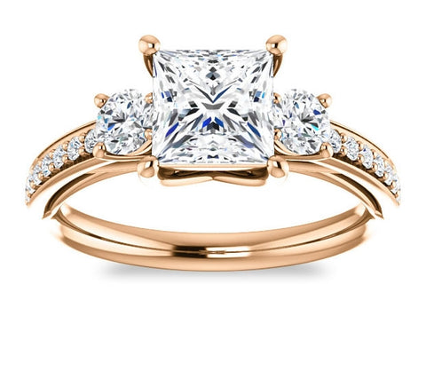 1.30ct (6.0mm) Princess  14K Rose Gold Three Stone Trellis Engagement Ring with Side Accents