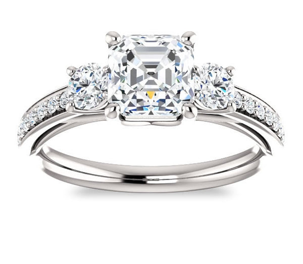 1.30ct (6.5mm) Asscher  14K White Gold Three Stone Trellis Engagement Ring with Side Accents