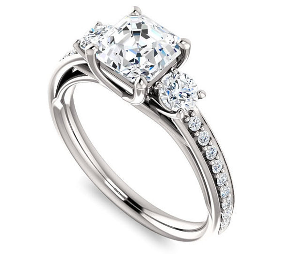 1.30ct (6.5mm) Asscher  14K White Gold Three Stone Trellis Engagement Ring with Side Accents