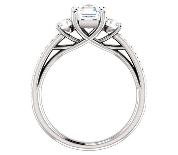 1.30ct (6.5mm) Asscher  14K White Gold Three Stone Trellis Engagement Ring with Side Accents