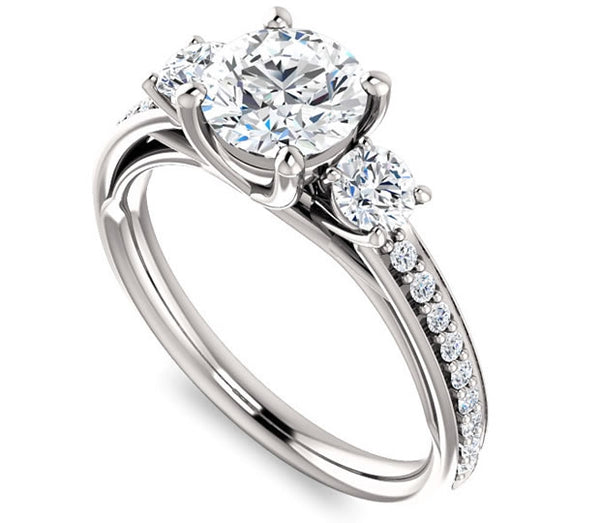 1.00ct (6.5mm) Round  14K White Gold Three Stone Trellis Engagement Ring with Side Accents