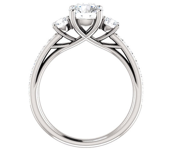 1.00ct (6.5mm) Round  14K White Gold Three Stone Trellis Engagement Ring with Side Accents