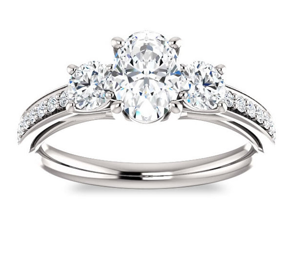 0.90ct (7.0x5.0mm) Oval  14K White Gold Three Stone Trellis Engagement Ring with Side Accents