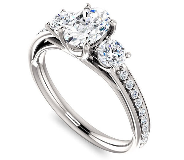 0.90ct (7.0x5.0mm) Oval  14K White Gold Three Stone Trellis Engagement Ring with Side Accents