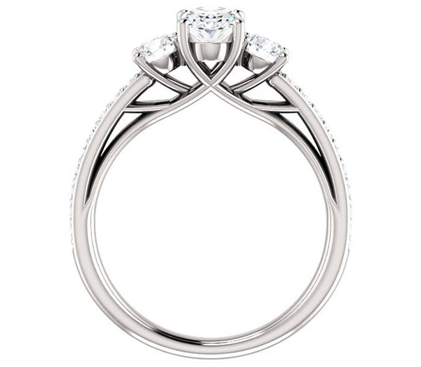 0.90ct (7.0x5.0mm) Oval  14K White Gold Three Stone Trellis Engagement Ring with Side Accents