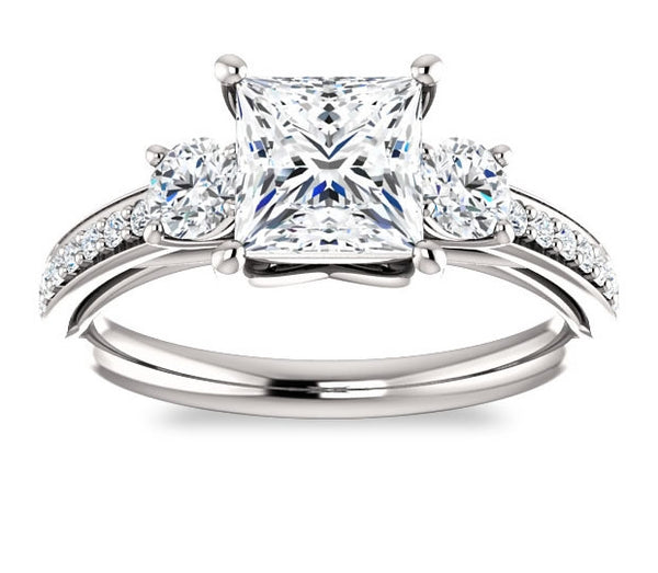 1.30ct (6.0mm) Princess  14K White Gold Three Stone Trellis Engagement Ring with Side Accents