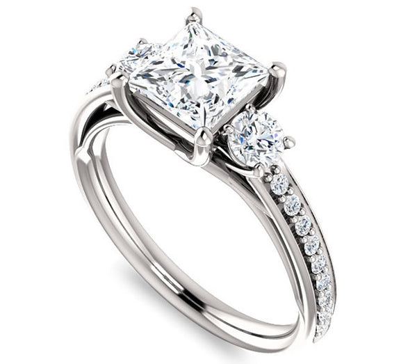 1.30ct (6.0mm) Princess  14K White Gold Three Stone Trellis Engagement Ring with Side Accents