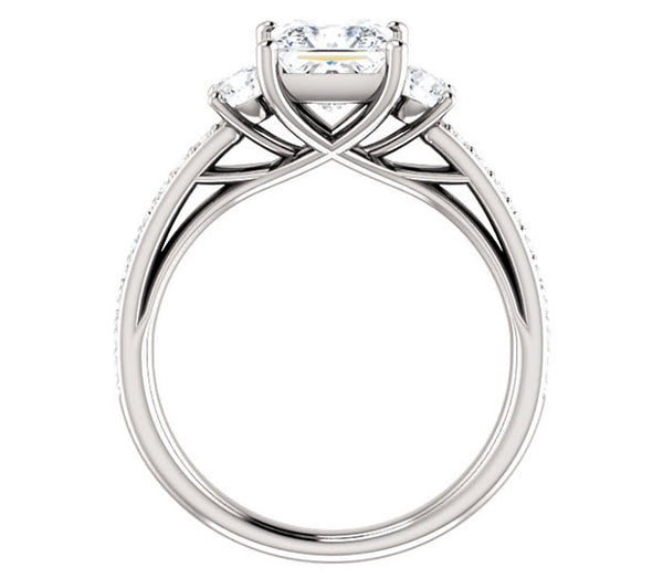 1.30ct (6.0mm) Princess  14K White Gold Three Stone Trellis Engagement Ring with Side Accents