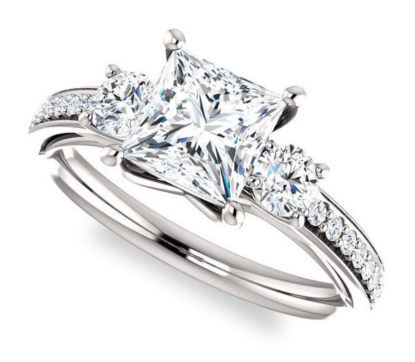 1.30ct (6.0mm) Princess  14K White Gold Three Stone Trellis Engagement Ring with Side Accents