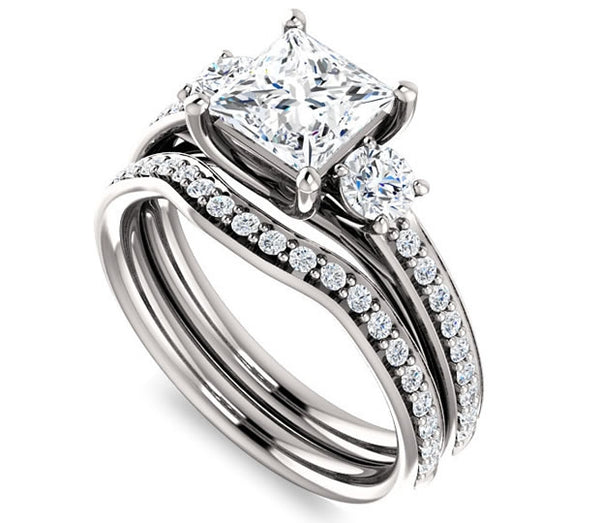 1.30ct (6.0mm) Princess  14K White Gold Three Stone Trellis Engagement Ring with Side Accents