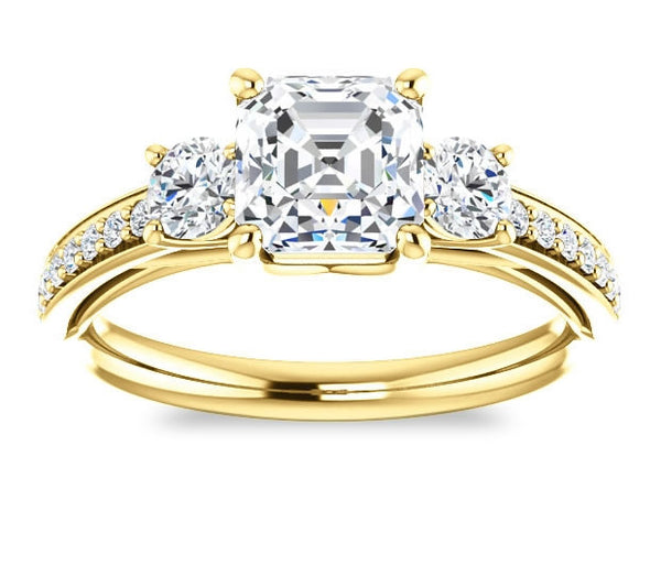 1.30ct (6.5mm) Asscher  14K Yellow Gold Three Stone Trellis Engagement Ring with Side Accents