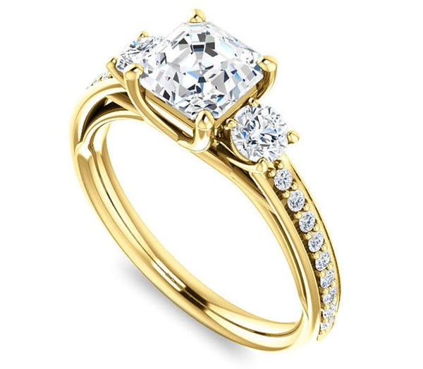 1.30ct (6.5mm) Asscher  14K Yellow Gold Three Stone Trellis Engagement Ring with Side Accents