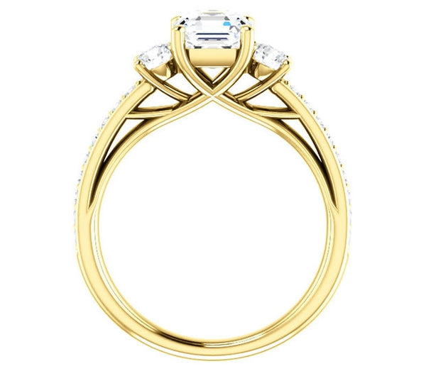 1.30ct (6.5mm) Asscher  14K Yellow Gold Three Stone Trellis Engagement Ring with Side Accents