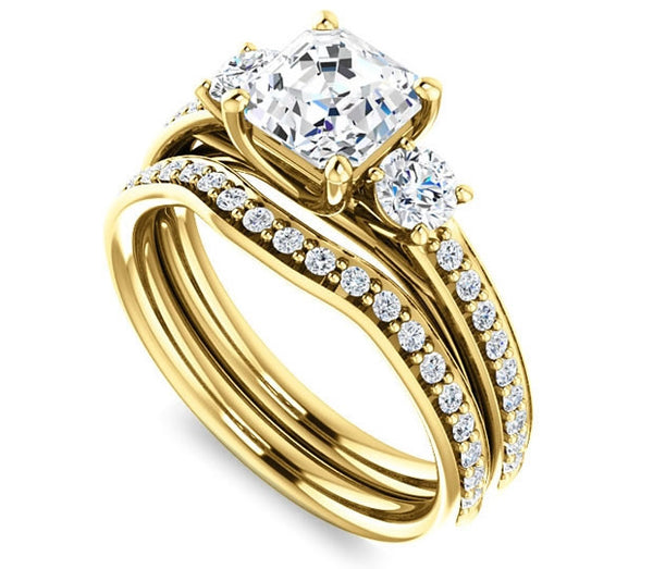 1.30ct (6.5mm) Asscher  14K Yellow Gold Three Stone Trellis Engagement Ring with Side Accents