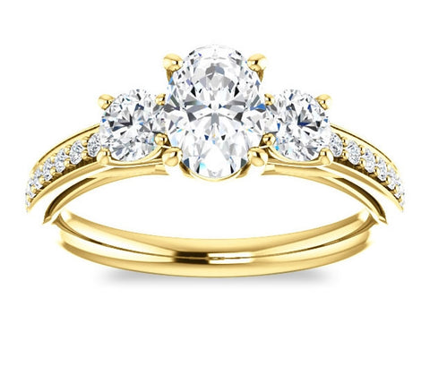 0.90ct (7.0x5.0mm) Oval  14K Yellow Gold Three Stone Trellis Engagement Ring with Side Accents