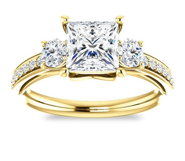 1.30ct (6.0mm) Princess  14K Yellow Gold Three Stone Trellis Engagement Ring with Side Accents