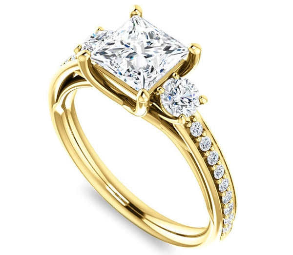 1.30ct (6.0mm) Princess  14K Yellow Gold Three Stone Trellis Engagement Ring with Side Accents