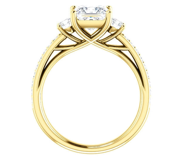 1.30ct (6.0mm) Princess  14K Yellow Gold Three Stone Trellis Engagement Ring with Side Accents