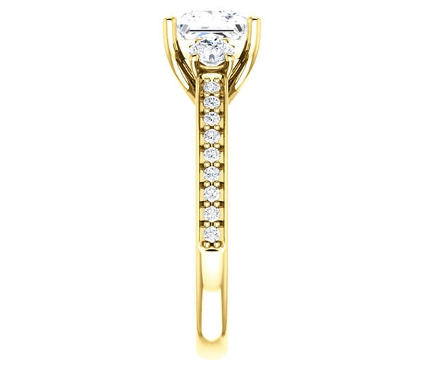 1.30ct (6.0mm) Princess  14K Yellow Gold Three Stone Trellis Engagement Ring with Side Accents