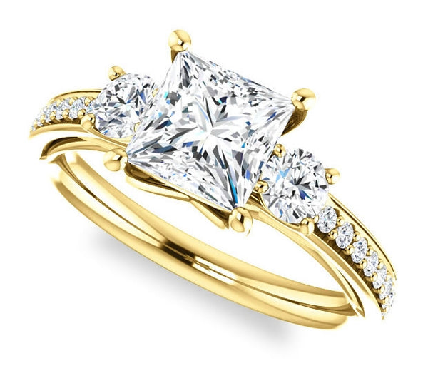 1.30ct (6.0mm) Princess  14K Yellow Gold Three Stone Trellis Engagement Ring with Side Accents