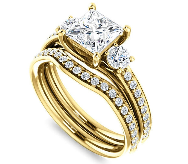 1.30ct (6.0mm) Princess  14K Yellow Gold Three Stone Trellis Engagement Ring with Side Accents