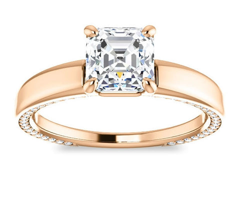 1.30ct (6.5mm) Asscher  14K Rose Gold Engagement Ring with Common Prong Side Mounted Gem Accents