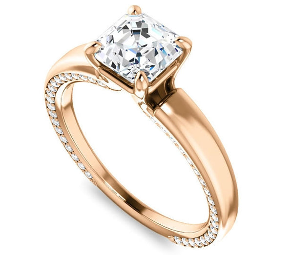 1.30ct (6.5mm) Asscher  14K Rose Gold Engagement Ring with Common Prong Side Mounted Gem Accents