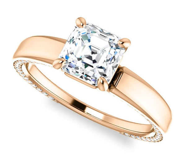 1.30ct (6.5mm) Asscher  14K Rose Gold Engagement Ring with Common Prong Side Mounted Gem Accents