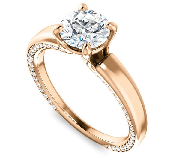 1.00ct (6.5mm) Round  14K Rose Gold Engagement Ring with Common Prong Side Mounted Gem Accents