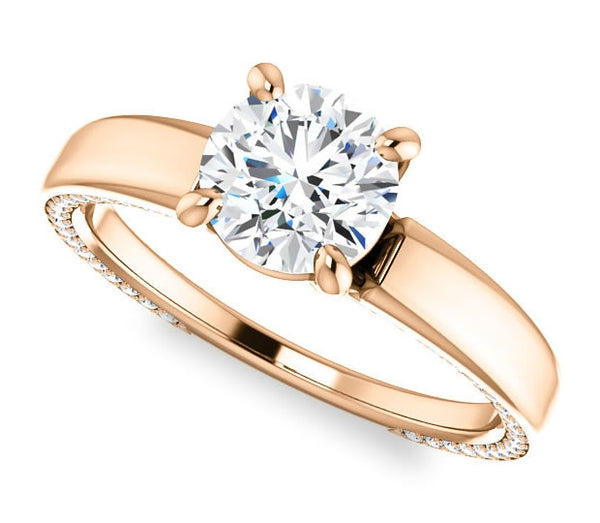 1.00ct (6.5mm) Round  14K Rose Gold Engagement Ring with Common Prong Side Mounted Gem Accents