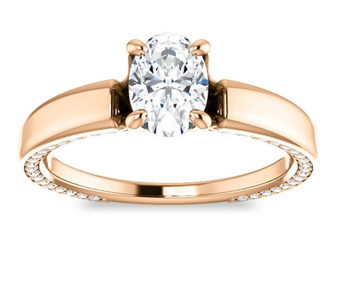 0.90ct (7.0x5.0mm) Oval  14K Rose Gold Engagement Ring with Common Prong Side Mounted Gem Accents