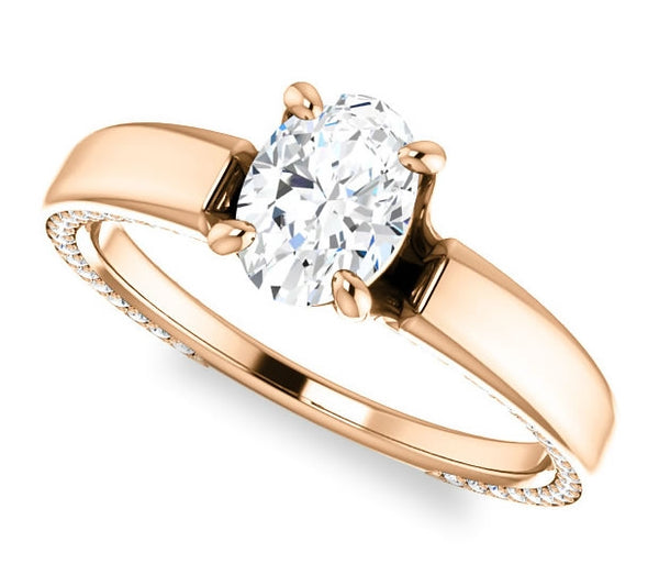 0.90ct (7.0x5.0mm) Oval  14K Rose Gold Engagement Ring with Common Prong Side Mounted Gem Accents