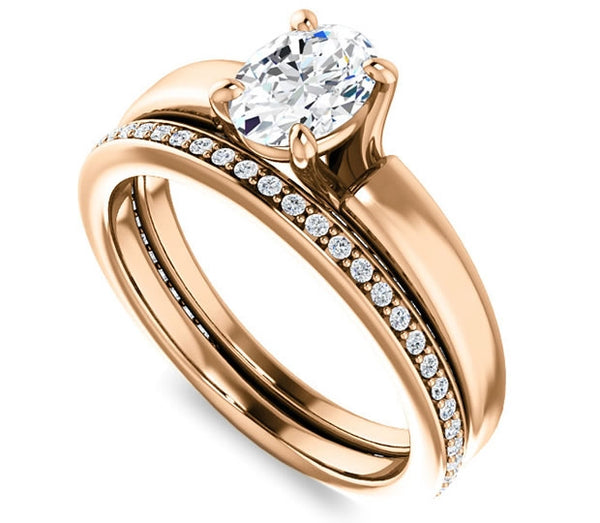 0.90ct (7.0x5.0mm) Oval  14K Rose Gold Engagement Ring with Common Prong Side Mounted Gem Accents