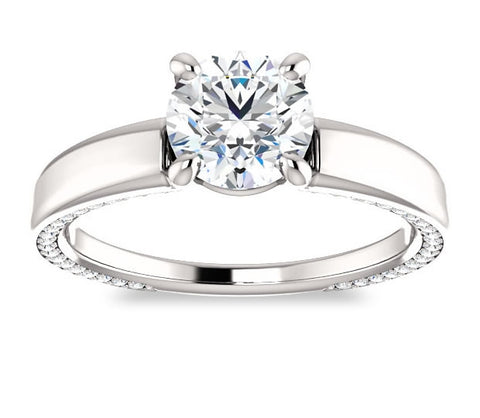 1.00ct (6.5mm) Round  14K White Gold Engagement Ring with Common Prong Side Mounted Gem Accents