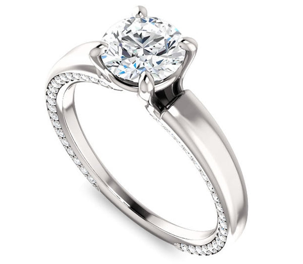 1.00ct (6.5mm) Round  14K White Gold Engagement Ring with Common Prong Side Mounted Gem Accents