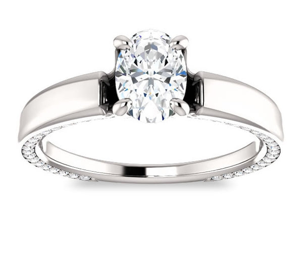 0.90ct (7.0x5.0mm) Oval  14K White Gold Engagement Ring with Common Prong Side Mounted Gem Accents