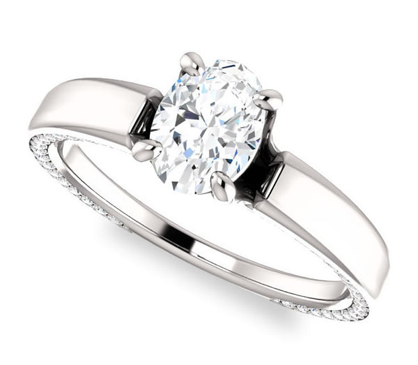 0.90ct (7.0x5.0mm) Oval  14K White Gold Engagement Ring with Common Prong Side Mounted Gem Accents