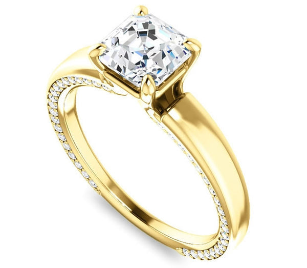 1.30ct (6.5mm) Asscher  14K Yellow Gold Engagement Ring with Common Prong Side Mounted Gem Accents