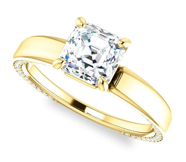 1.30ct (6.5mm) Asscher  14K Yellow Gold Engagement Ring with Common Prong Side Mounted Gem Accents