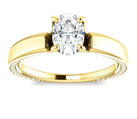 0.90ct (7.0x5.0mm) Oval  14K Yellow Gold Engagement Ring with Common Prong Side Mounted Gem Accents