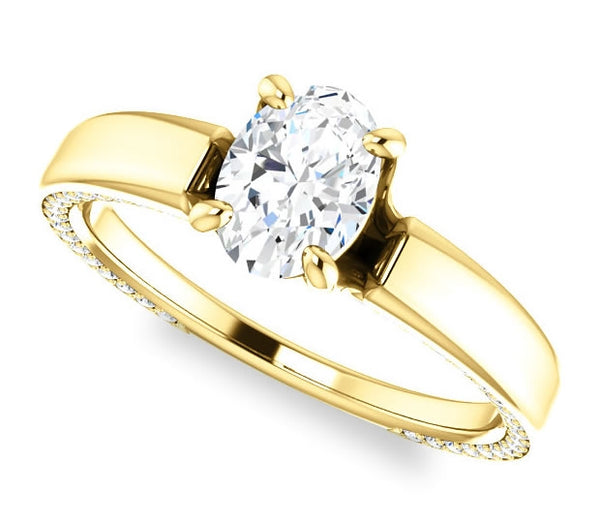 0.90ct (7.0x5.0mm) Oval  14K Yellow Gold Engagement Ring with Common Prong Side Mounted Gem Accents