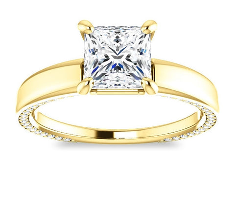 1.30ct (6.0mm) Princess  14K Yellow Gold Engagement Ring with Common Prong Side Mounted Gem Accents