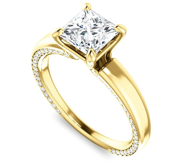 1.30ct (6.0mm) Princess  14K Yellow Gold Engagement Ring with Common Prong Side Mounted Gem Accents