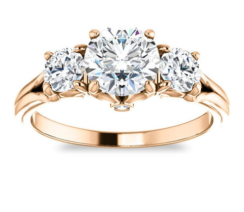 1.00ct (6.5mm) Round  14K Rose Gold Accented Three Stone Engagement Ring