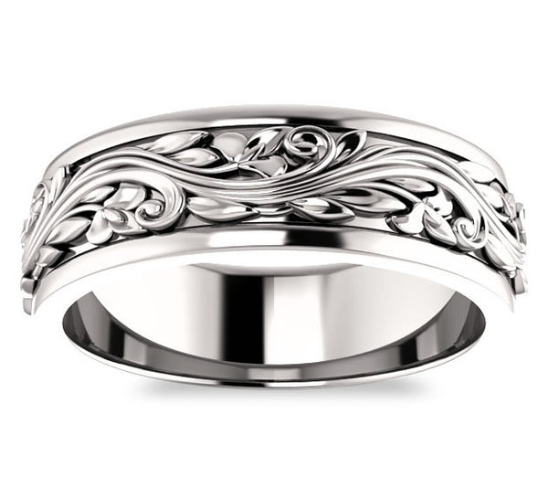 14k White Gold 7mm Mens Sculptural Inspired Wedding Band