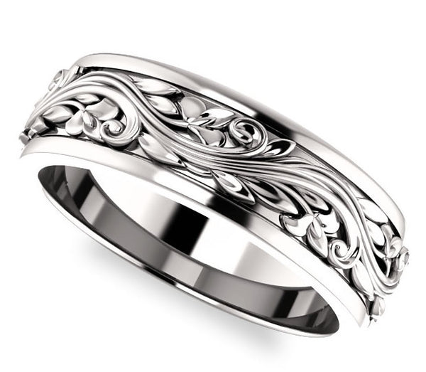 14k White Gold 7mm Mens Sculptural Inspired Wedding Band