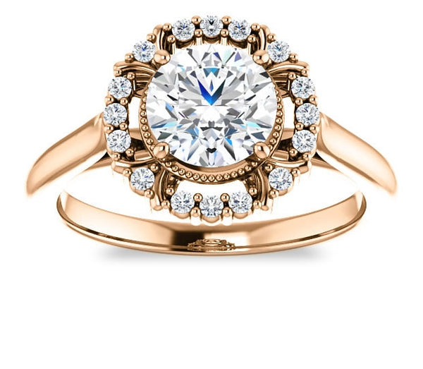 1.00ct (6.5mm) Round  14K Rose Gold Cathedral Halo Style Engagement Ring with Milgraine Accent